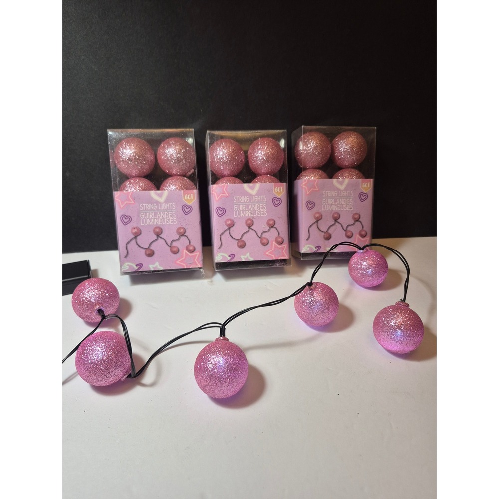 Pink Glitter Globe String Lights Battery Operated LED 6ct Pack of 3